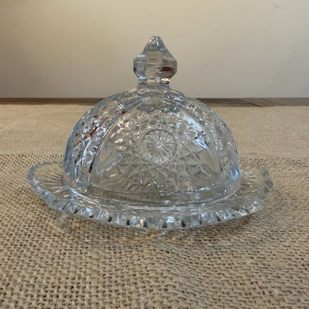 Vintage Indiana Glass Covered Butter Dish with Starburst Lid